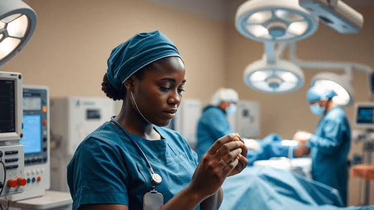 Une professionnelle de santé se prépare au bloc opératoire.